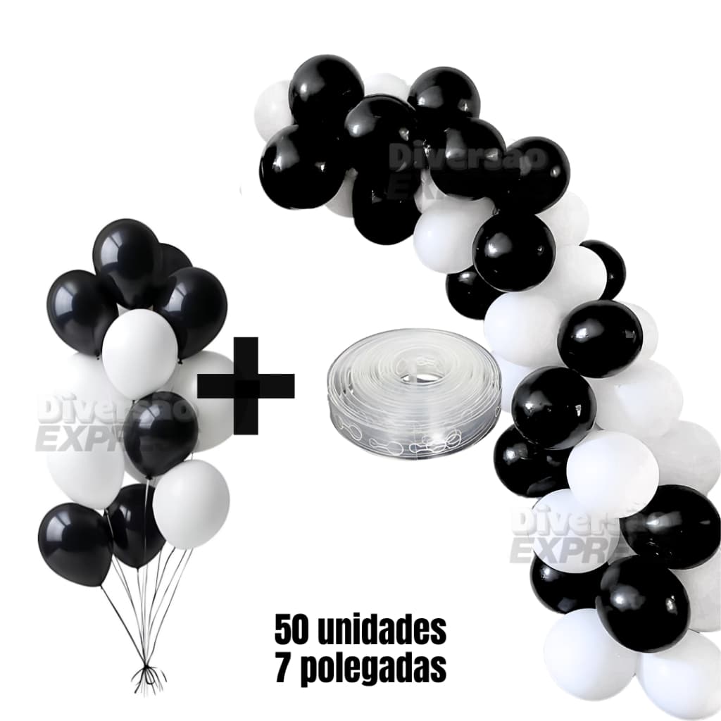 Kit Festa Decoração 100 Balões Bexigas Preto Branco Futebol + Fita para Arco Desconstruído