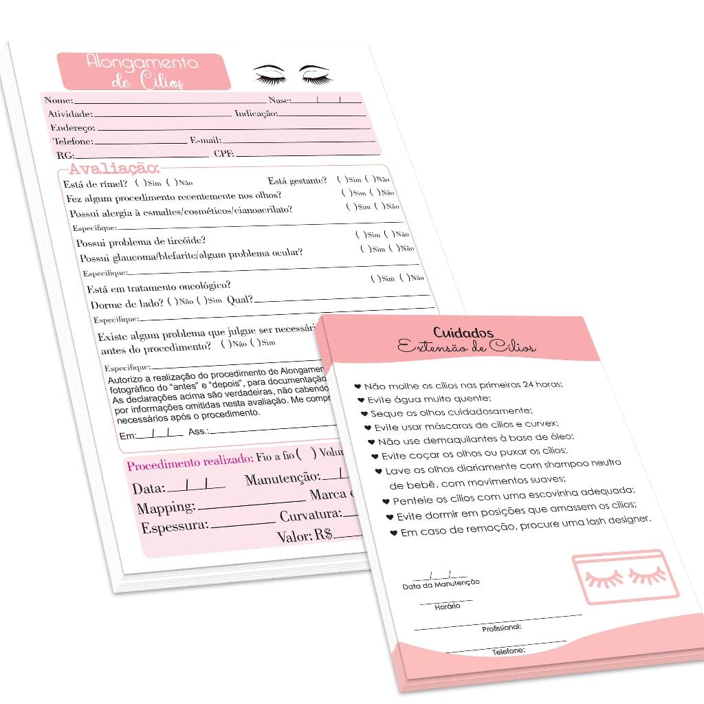 Ficha de Anamnese Alongamento de Cílios + Bloco de Cuidados Pós Alongamento de Cílios