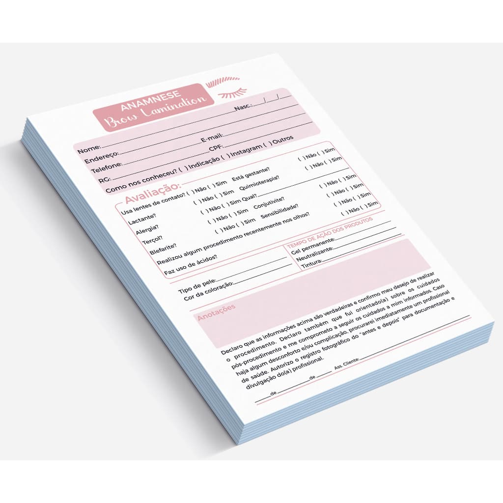 Ficha de Anamnese Brow Lamination (100 folhas) - Bloco Anamnese Brow Lamination