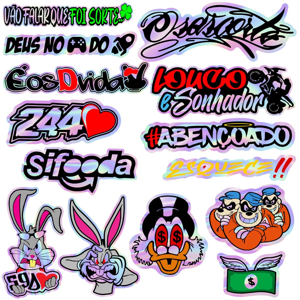 Kit 14 Adesivos Holografico Cartela 244 Abençoado Osascorte Louco Moto Carro Capacete Camaleão