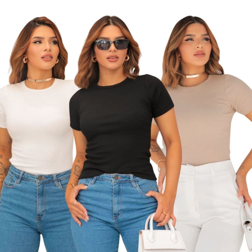 Kit 3 Blusas Básicas Feminina Ribana Casual Camiseta Blusinha