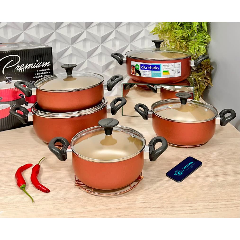 Jogo De Panelas Caçarolas Antiaderente 5 Pçs Premium C/Tampa Vidro Cores Grafite e Cereja Conjunto de Panelas Cozinha