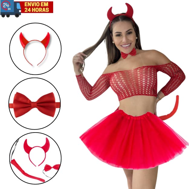 Kit Fantasia Diabinha Carnaval Saia Rabinho Gravata e Tiara