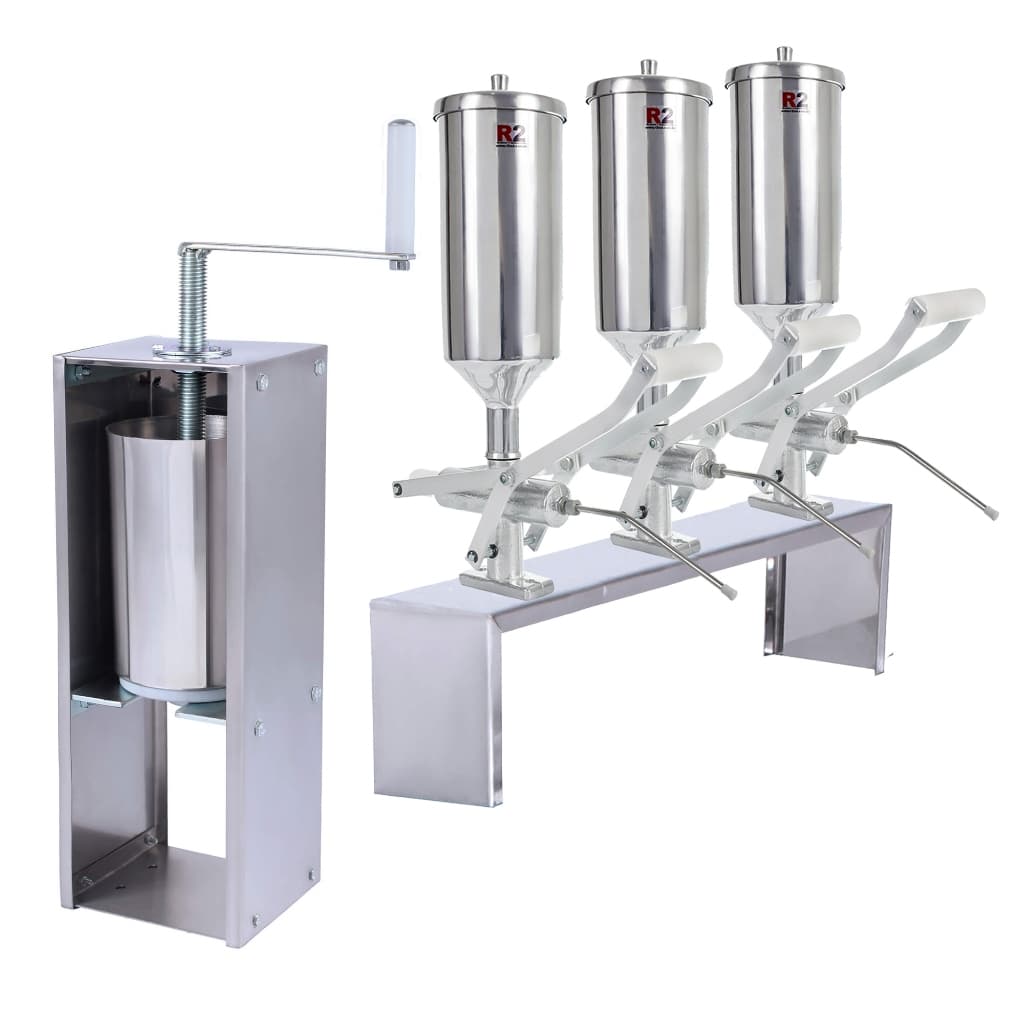 Kit Masseira Máquina Modeladora de Churros Fuso Inox + 3 Doceiras Recheadeira Recheador Alumínio 2 Litros + Suporte - R2