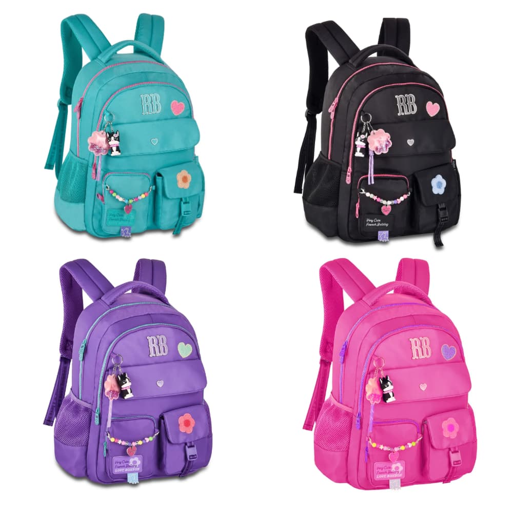 Mochila Escolar Holográfico Rebecca Bonbon Preta Chaveiro Pompom Grande Infantil Fashion Resistente