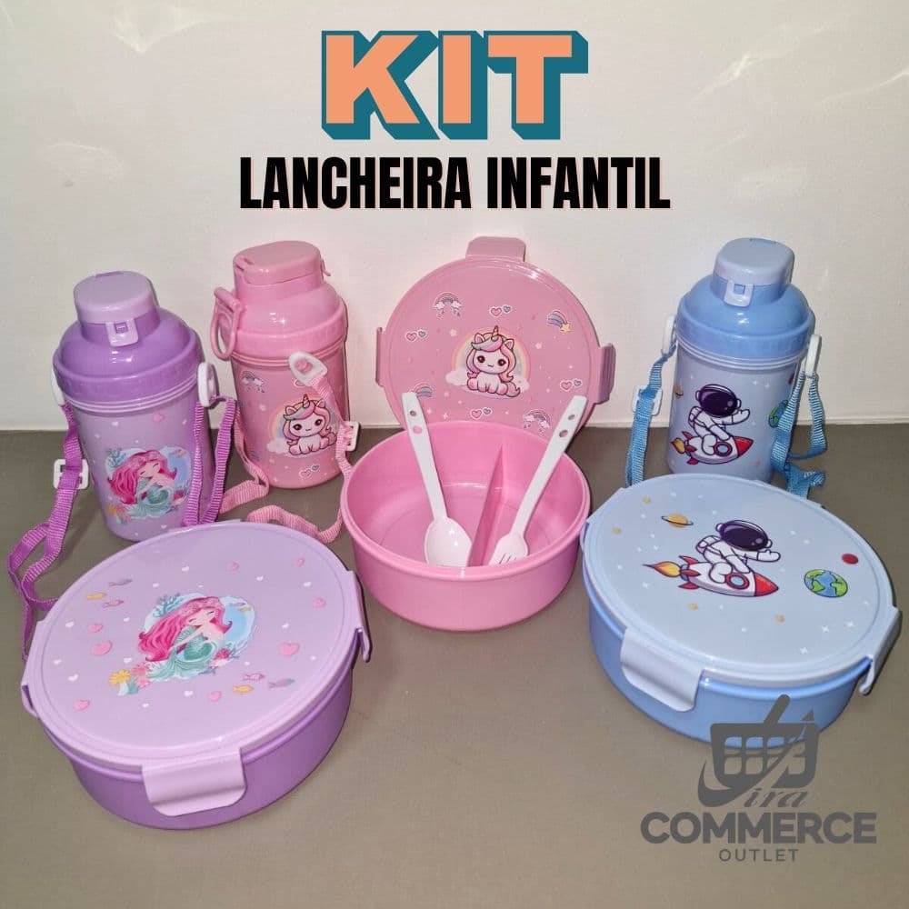 Kit Lancheira Marmita Infantil Com Divisória + Talheres + Garrafa 500ml Escolar Multiuso Viagem