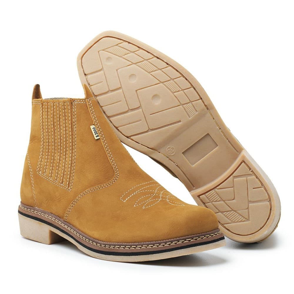 Bota Feminina Country Texana de Couro Cano Curto Bico Quadrado Nobuck Castor