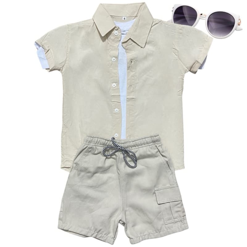 Conjunto Menino Infantil Camisa Social Básica Com Bermuda Cargo Bege S.M