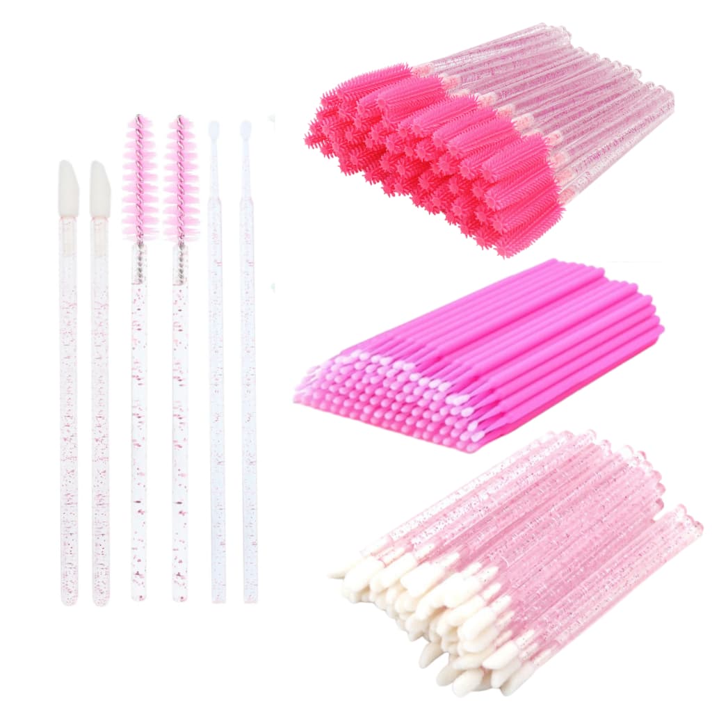 Kit 100 Escovinhas + 100 Microbrush + 100 Aplicador de Batom Alongamento Cilios