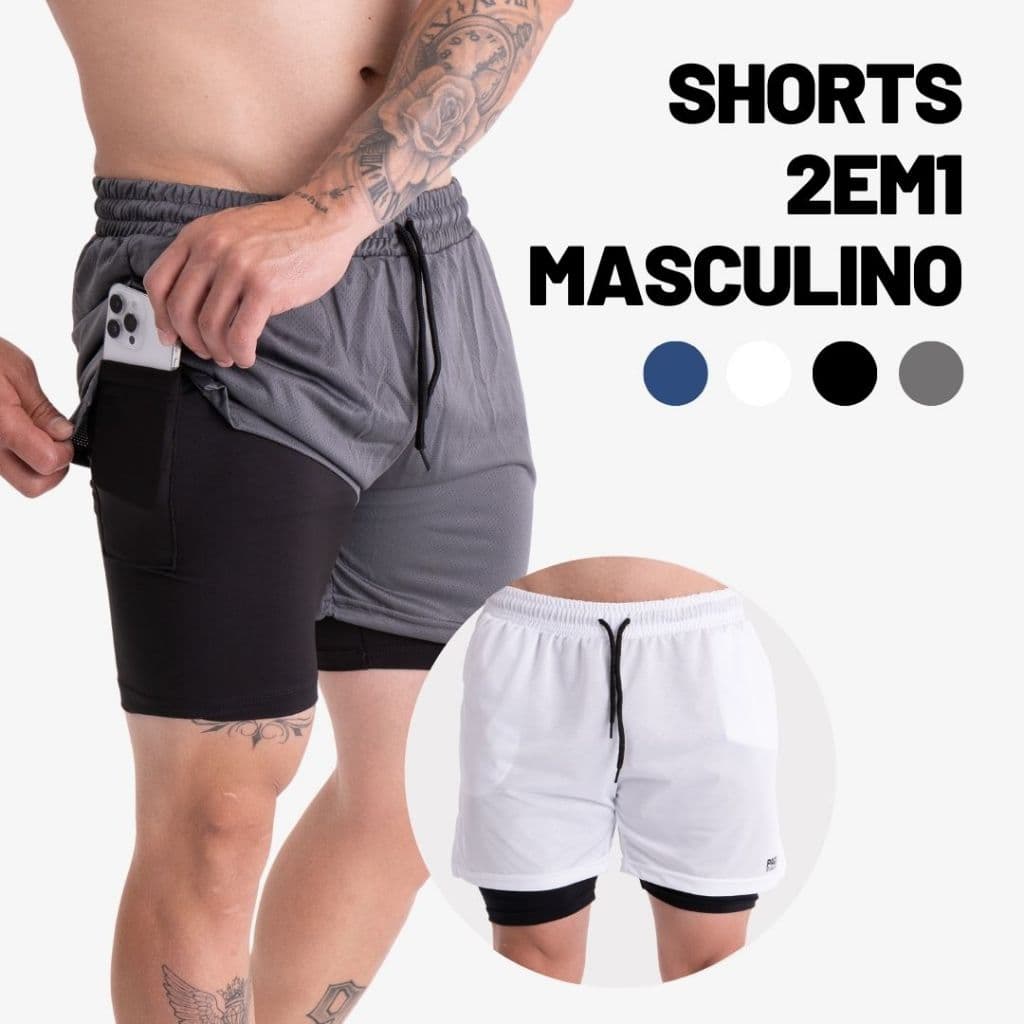 Shorts Academia e Treino Masculino 2em1 Dryfit Bermuda Compressão Duplo com Bolso Oculto ProteçãoUv
