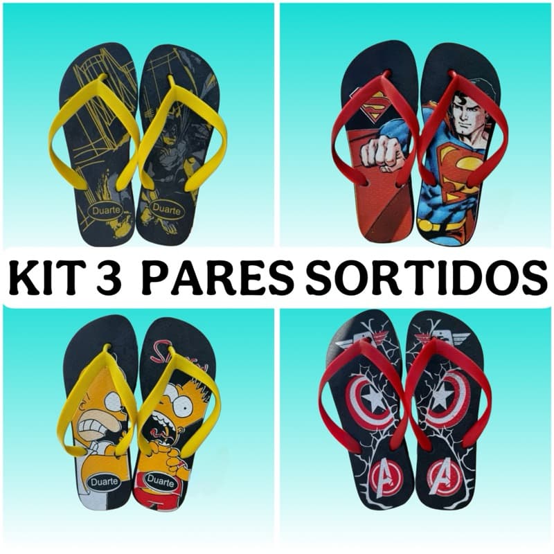 kit 3 pares chinelo juvenil masculino