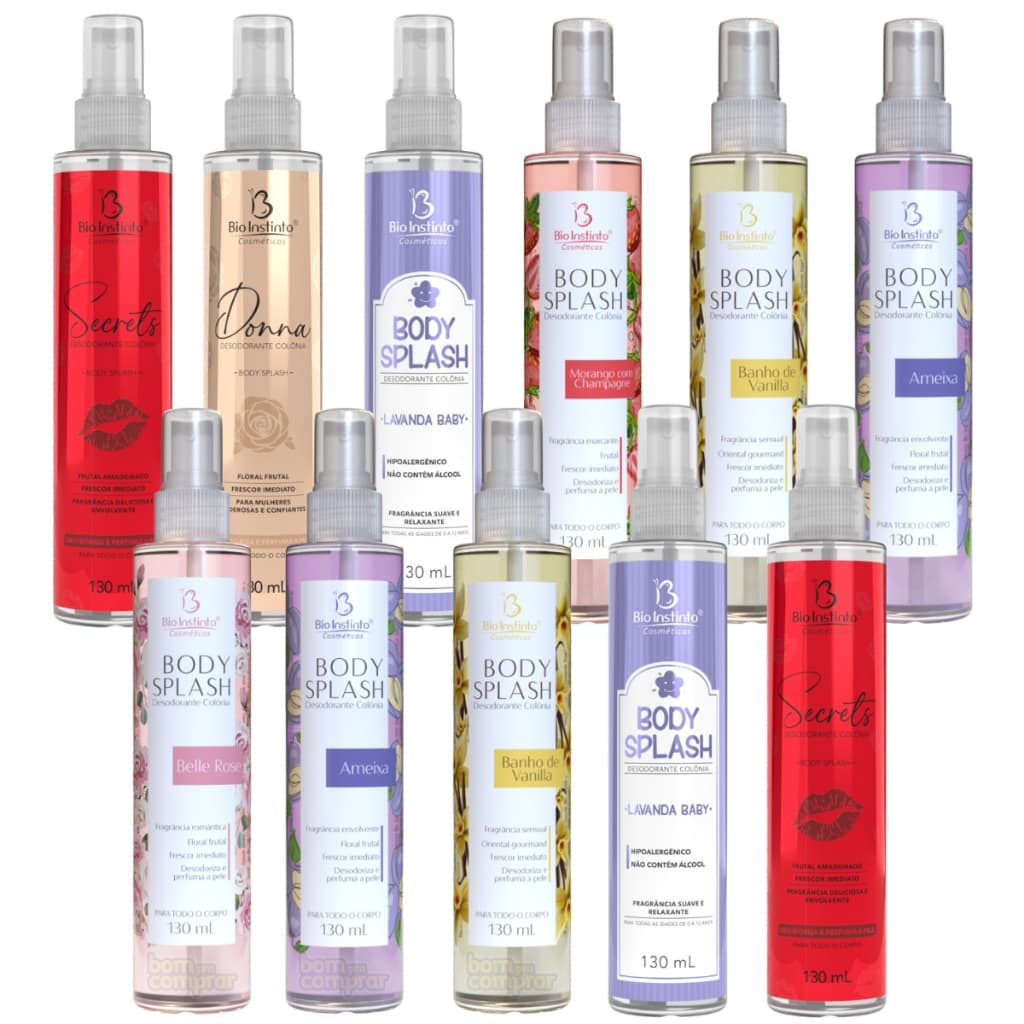 12 Body Splash Bio Instinto Perfume Corporal 130mL Ameixa Bele Rose Morango Vanilha Colônia Feminina