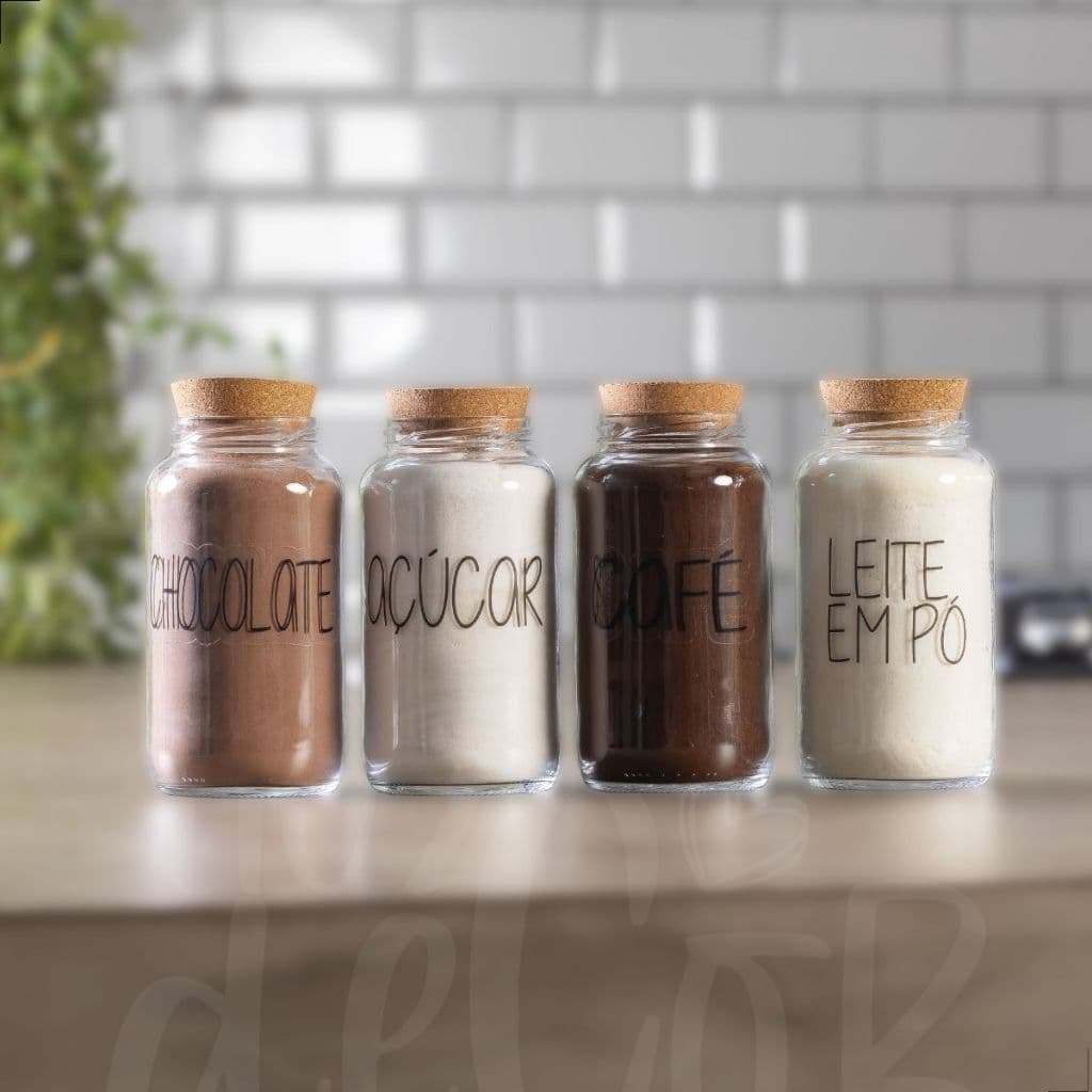 Kit Cantinho do Café | Café, Açúcar, Leite em Pó, Chocolate | 4 Potes de Vidro | Mantimento