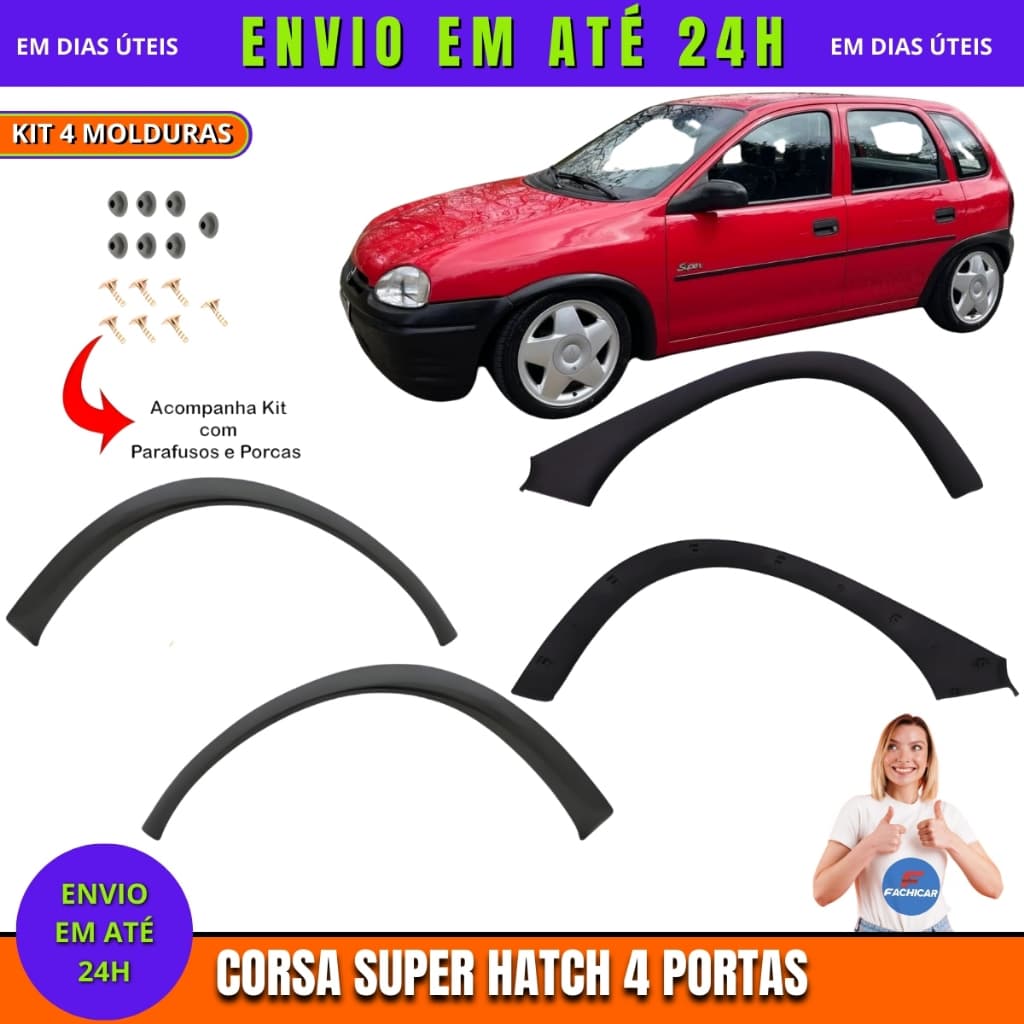 Kit 4 Moldura Para-Lama Corsa Hatch Super Texturizada + Kit Fixação Wind 2P Super 4P 94 a 02