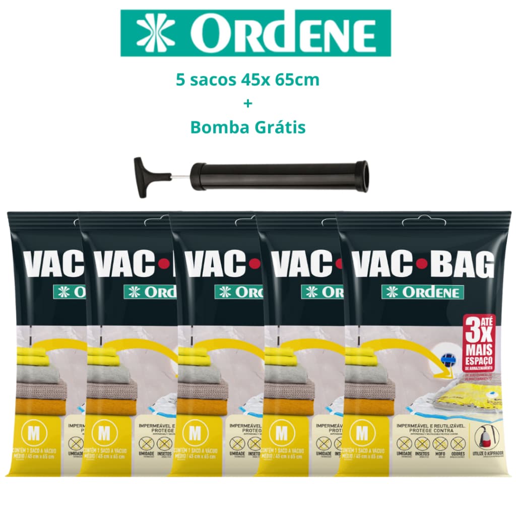 Kit 5 Sacos a Vácuo Médio + Bomba 45x65cm Organizador de Roupas Malas Viagem Vac Bag Ordene Original