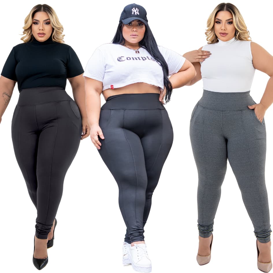 Kit 3 Calças Legging Feminina Cós Alto Leg Tecido Grosso Efeito Lipo Com Bolso Do P ao G4