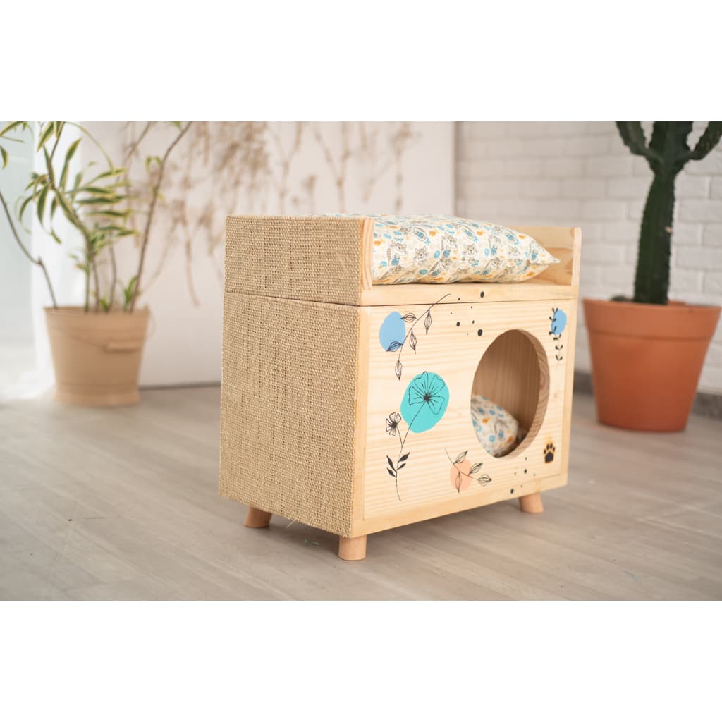 CASA DE GATO COM ARRANHADOR DE MADEIRA COM PINTURA ORGÂNICA