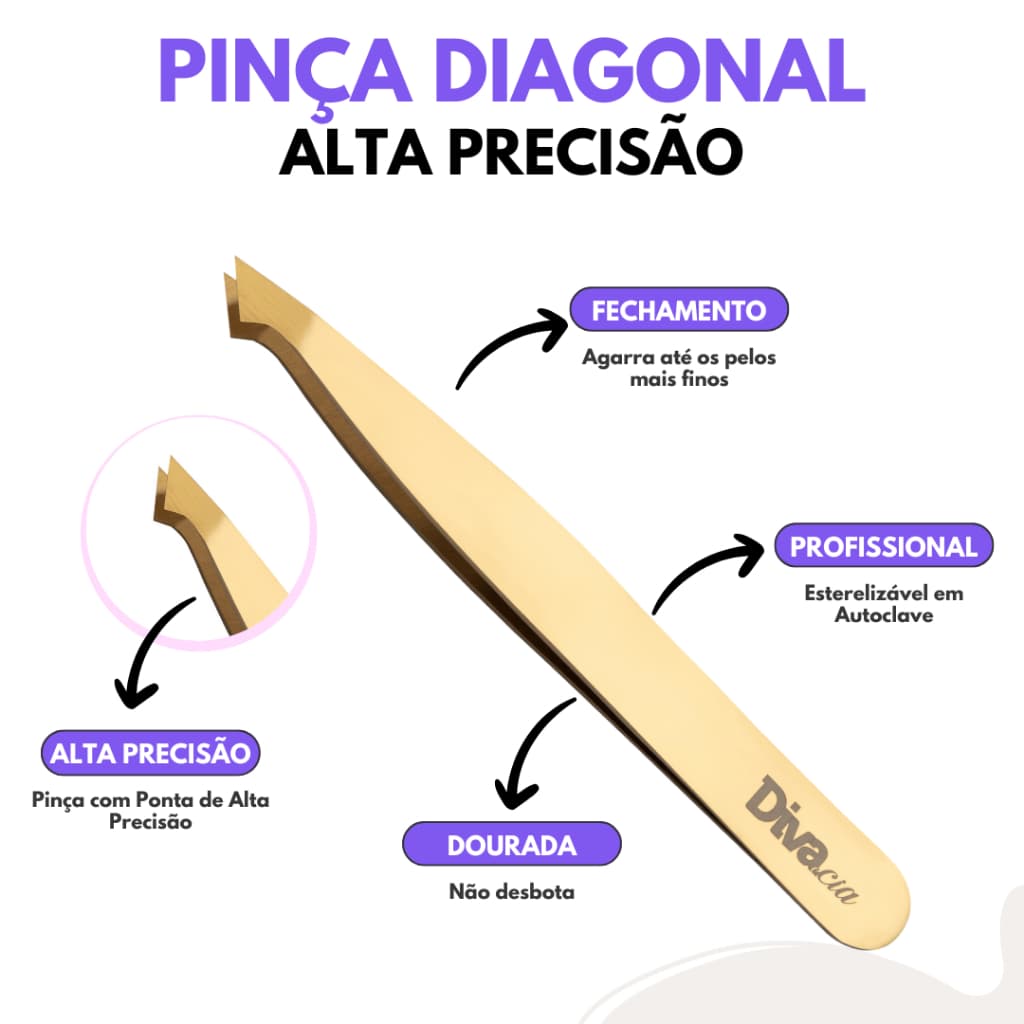 Pinça para Sobrancelhas Diagonal Depilação Autoclavável Design de Sobrancelhas Alta Precisão