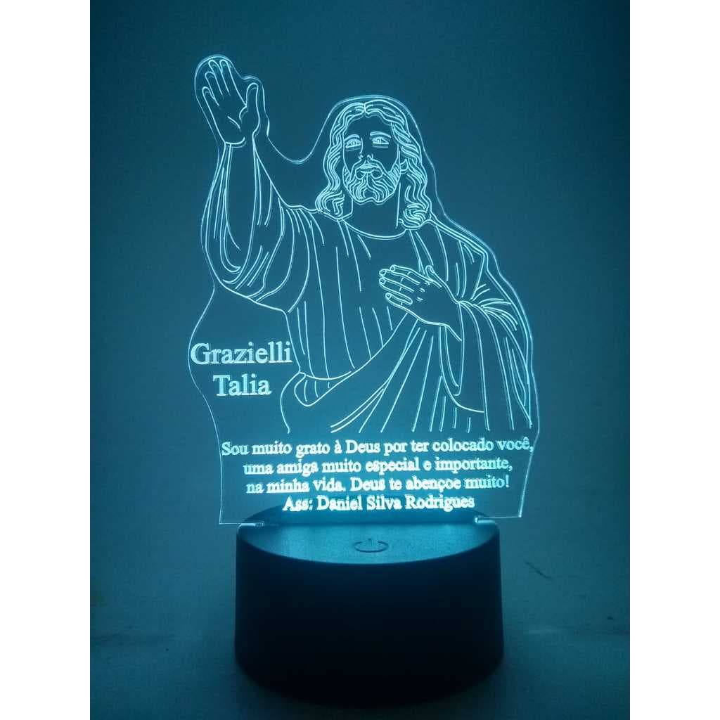 Luminária de mesa Jesus Cristo com nome personalizado 16 cores e controle remoto