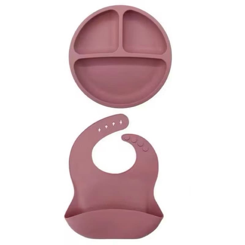 Babador e Pratinho Infantil Silicone Macio Com Ventosa e Divisórias alimentar Para Bebê Antiderrapantes