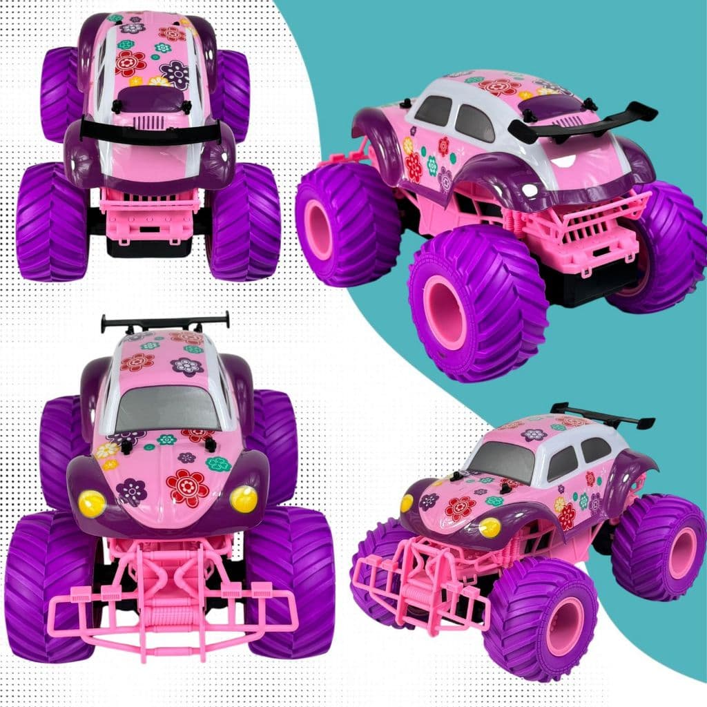 Carrinho De Controle Remoto Recarregável Monster Truck Rosa Jeep Pickup Fusca Grande 1:16 Big Wheels