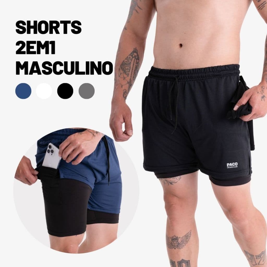 Short 2em1 DryFit Duplo Masc Academia Bermuda Esportivo de Compressão com Bolso p Celular ProteçãoUV