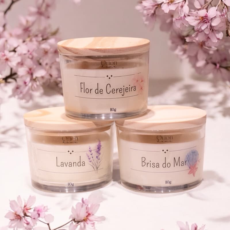 Kit 3 Velas Aromáticas Artesanais 110g - Lavanda, Brisa do Mar e Flor de Cerejeira