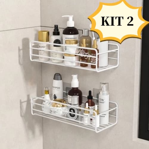 Kit 2 Prateleiras Suporte Com Alto Adesivos Para Parede Banheiro Cozinha Shampoo cor preto branco