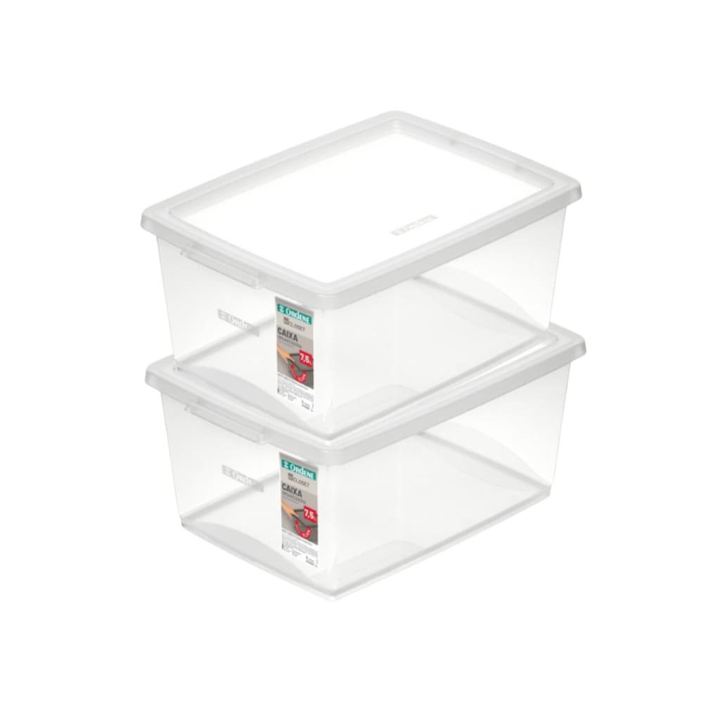 Kit 2 Caixas Organizadora Trava Click 7,5l Cristal Empilhavel Com Tampa Ordene Original