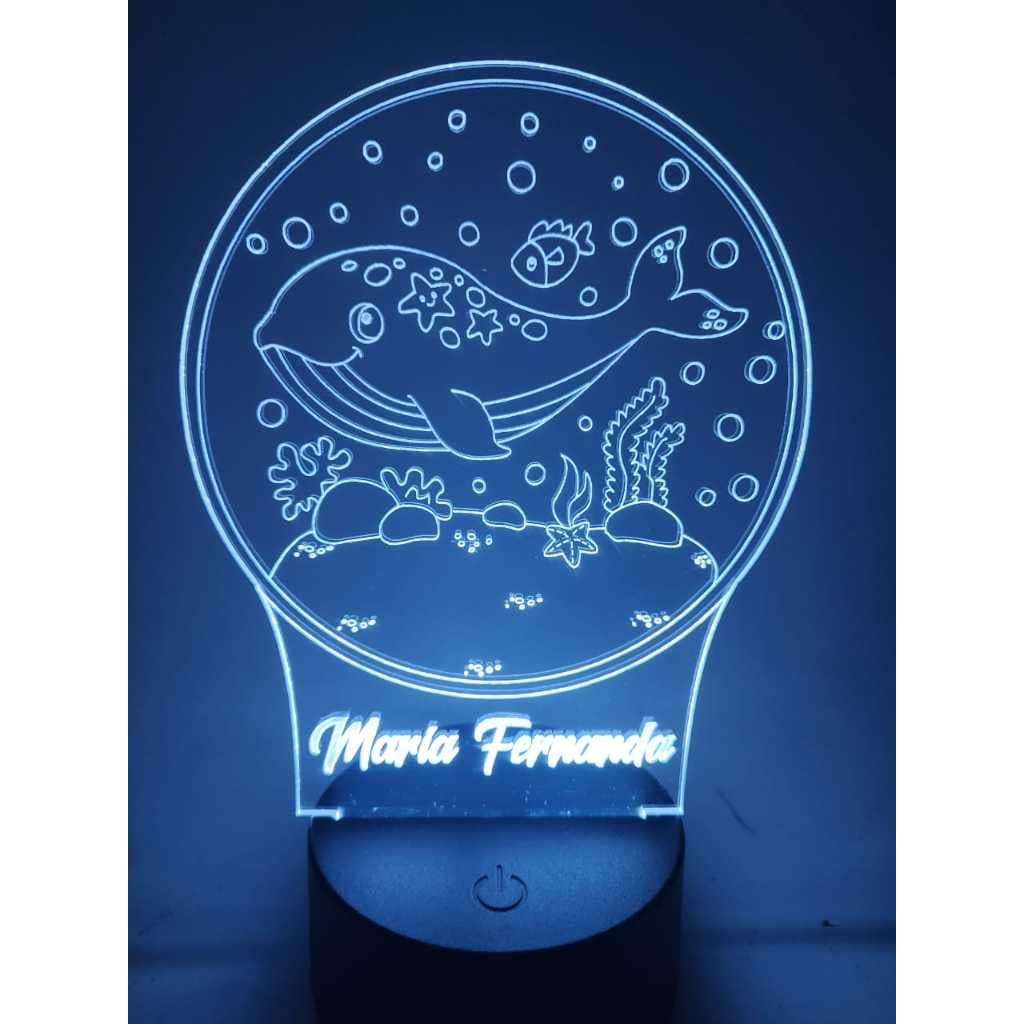 Luminaria de mesa Baleia infantil com nome personalizado 16 cores e controle remoto