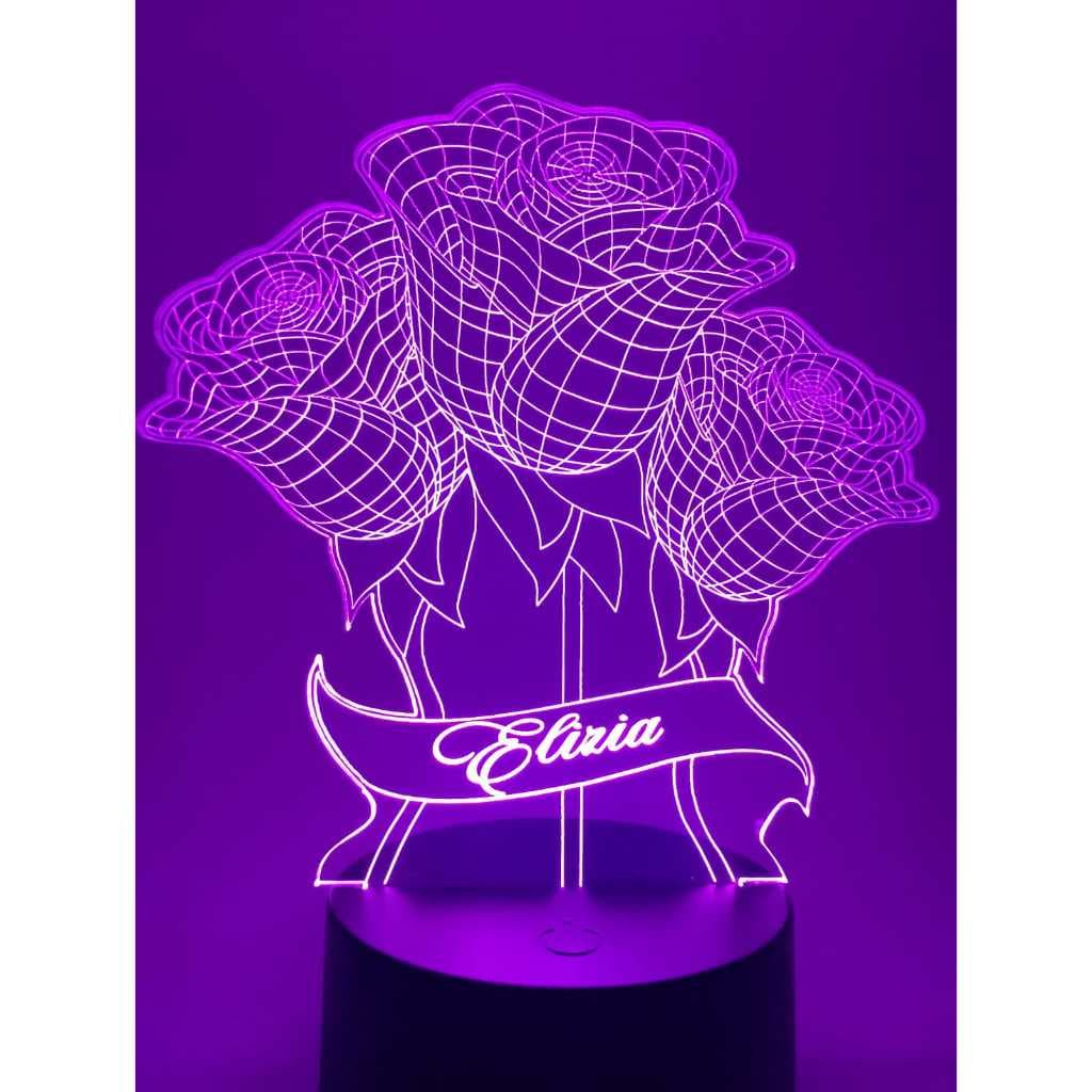 Luminária de mesa Bouquet de rosas 3D com nome personalizado 16 cores e controle remoto