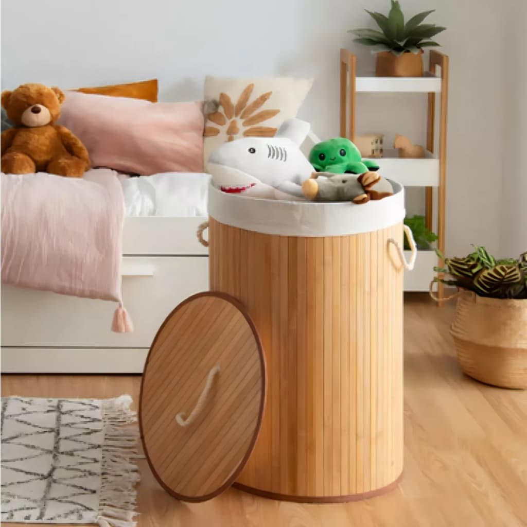 Cesto De Roupas Sujas Redondo Dobrável De Bambu Ecológico Organizador Forrado De Banheiro Lavanderia