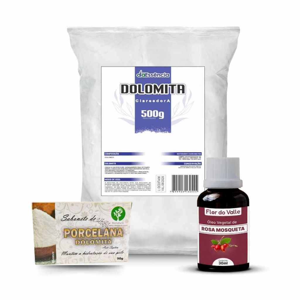 Dolomita Clareadora 500g + Óleo de Rosa Mosqueta Rubiginosa + Sabonete Porcelana Dolomita Axila, Virilha e Rosto