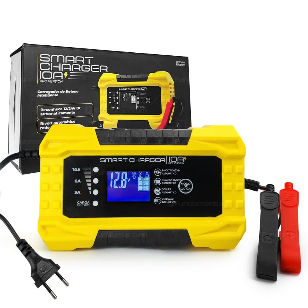 Carregador de Bateria Automotivo Smart Charger 10 A Pro Digital 12V 24V Display Completo Carro Moto