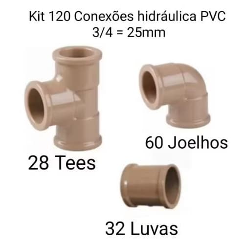 kit 120 Conexões soldável Agua Fria 3/4=25mm 60 Joelhos  32 Luvas 28 Tees