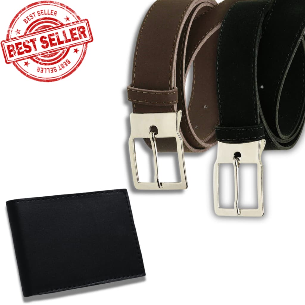 Kit 2 Cintos Social Masculino Couro Ecológico Reforçado e Elegante / Preto e Marrom + Porta Cartão de Brinde
