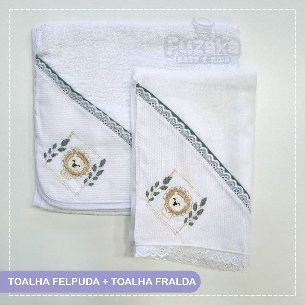 Kit Toalha de Banho Capuz e Toalha Fralda Bebe Bordada Luxo - Safari Menino Leao