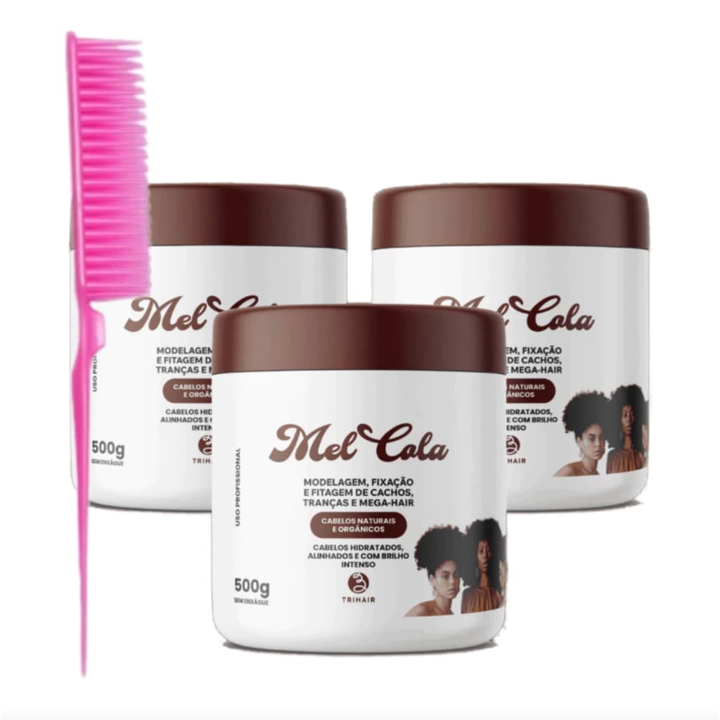 Trihair - Mel cola para Cachos Naturais e Orgânicos 500g - Kit com 3 unidades (+BRINDE)