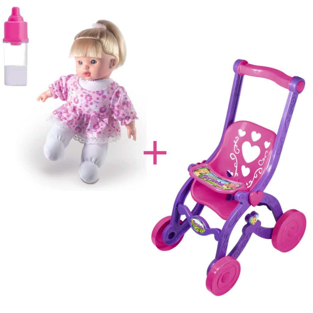 Boneca Macia Soft Hair com carrinho de passeio bebe para boneca Florzinha com mamadeira mágica kit