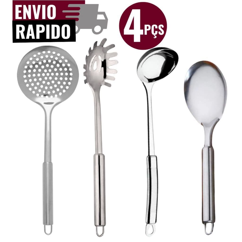CONJUNTO 4 UTENSILIOS DE COZINHA INOX ESCUMADEIRA PEGADOR DE MASSA CONCHA COLHER DE SERVIR