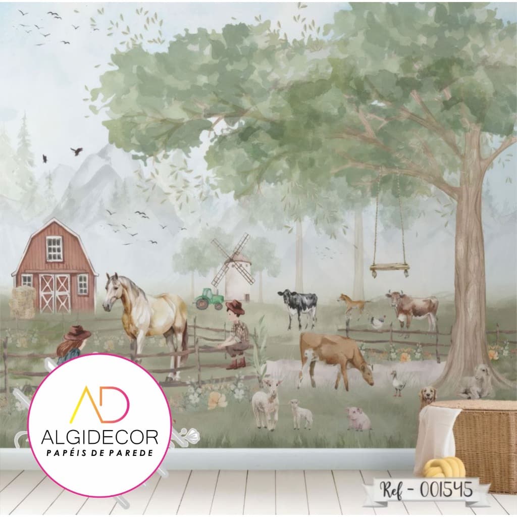 Papel de parede infantil fazenda menina menino campo cavalo arvore fosco lavável - Algidecor