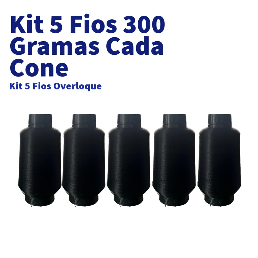 Kit 5 Fios para Overloque, 300g Cada Cone, Cor Branco, Preto