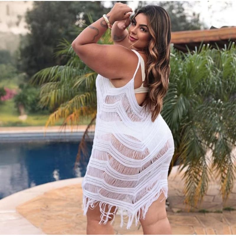SAÍDA DE PRAIA PLUS SIZE VESTIDO TRICOT PRAIA  FRANJA  PISCINA REGULÁVEL VERAO❤️‍🩹
