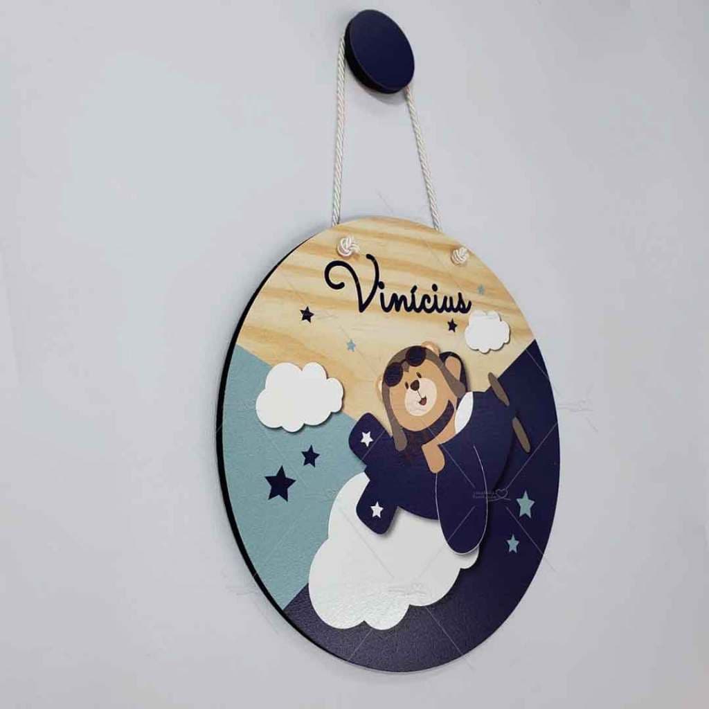 Enfeite Porta Maternidade Ursinho Aviador Quadro Decorativo Infantil Com Nome Personalizado