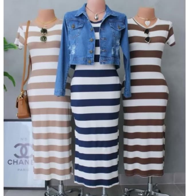 VESTIDO MIDI MODA FEMININA LISTRADA MALHA G,GG