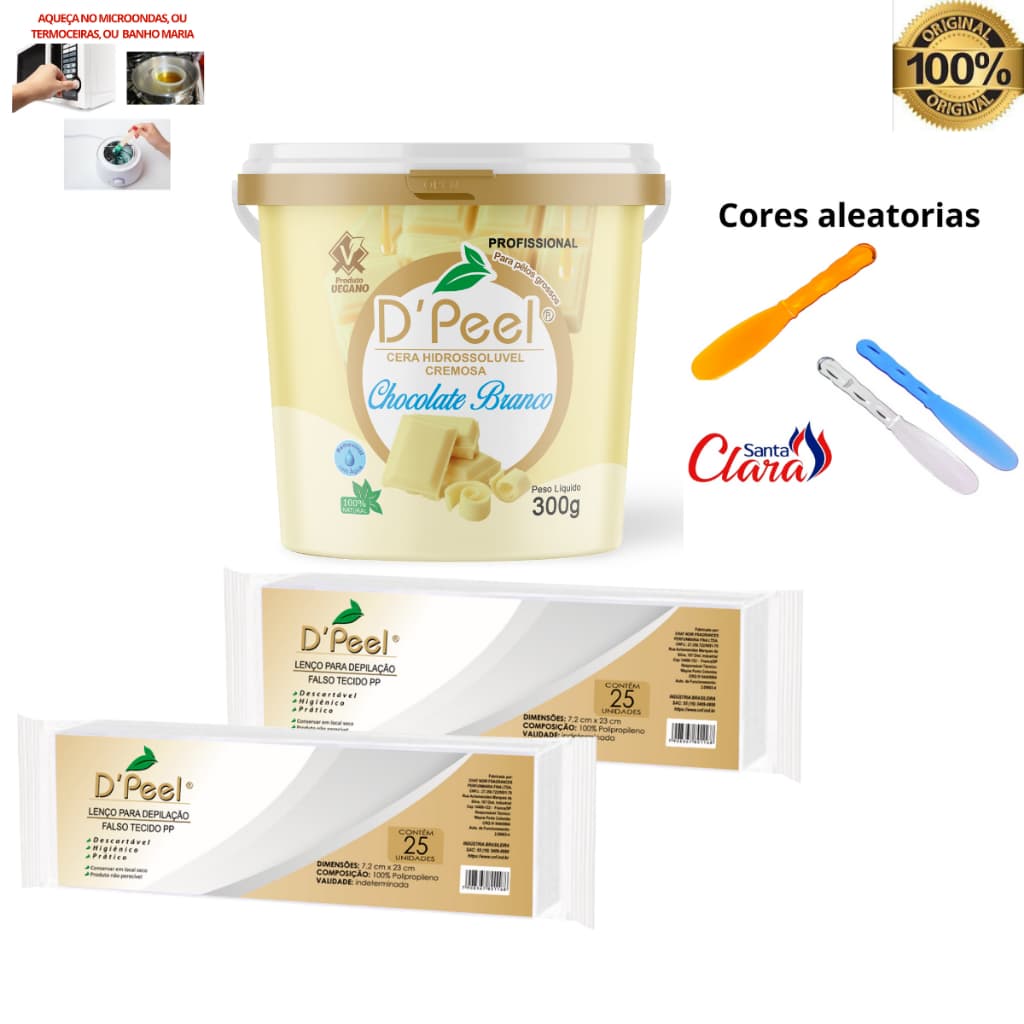 Cera Depilacao Chocolate Branco Dpeel 300g + 2 PCT Lenço TNT Com 25 Un Cada + 1 Espátula Acrílica