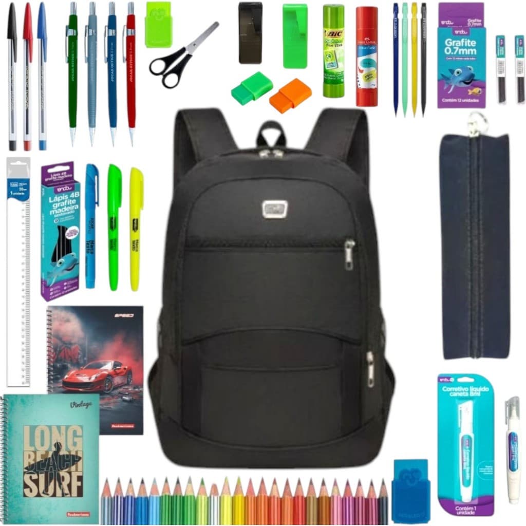 Bolsa Masculina Mochila Escolar Kit Completo Caderno Estojo Menino Fundamental