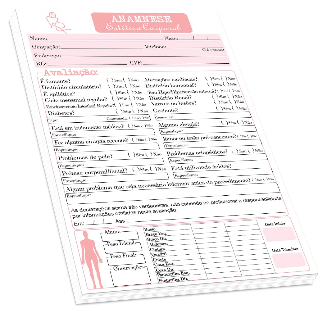 Ficha de Anamnese Estética Corporal (100 folhas) - Bloco Anamnese Corporal