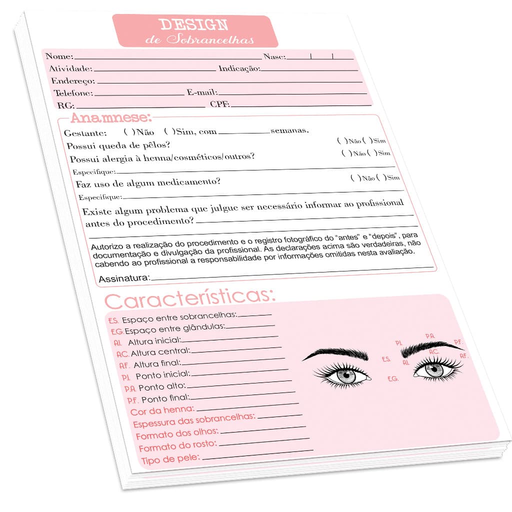 Ficha de Anamnese Designer de Sobrancelhas (100 folhas)