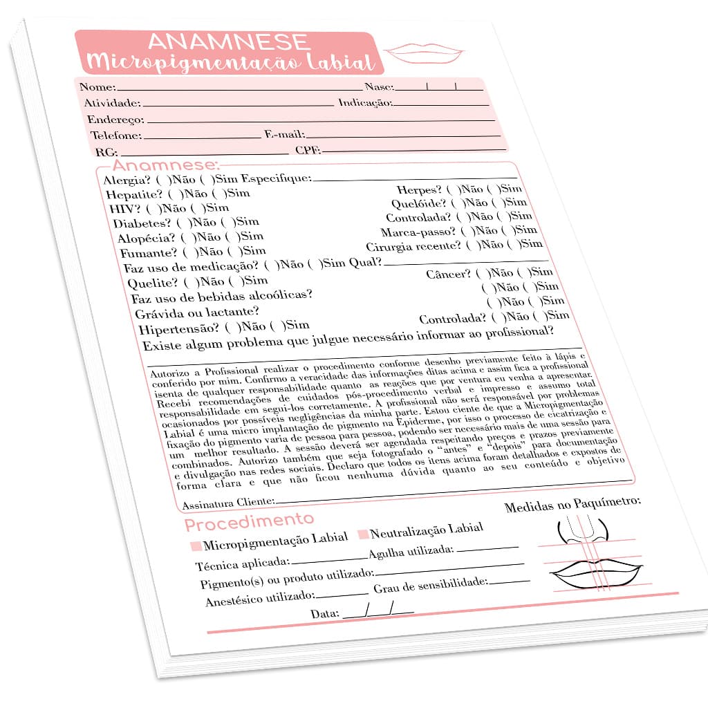 Ficha de Anamnese Micropigmentação Labial (100 folhas)